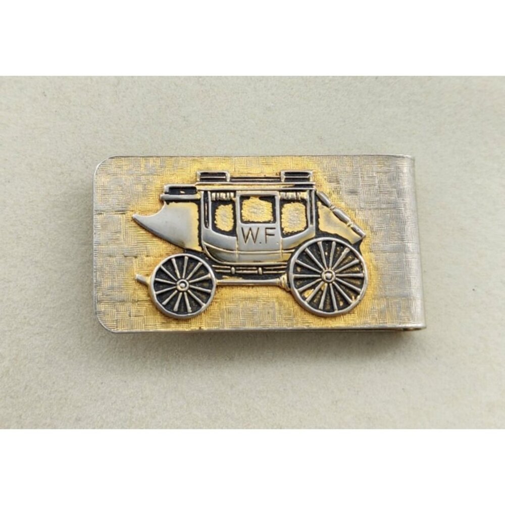 Vintage Wells Fargo US Mail Stage Coach Money Clip Gold/Silver‎ Toned 2"x1"